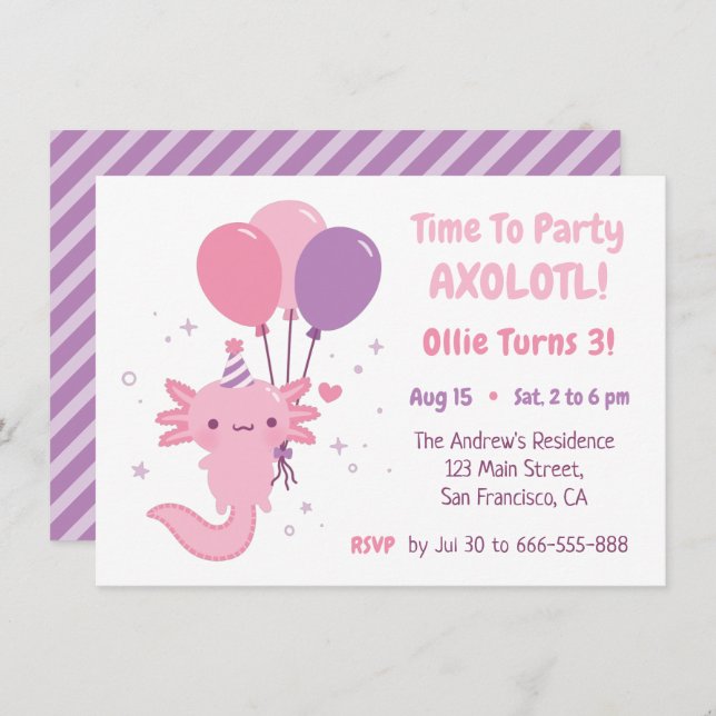 Cute Axolotl and Balloons Girls Birthday Party Invitation (Front/Back)