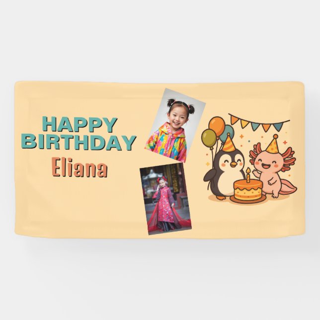 cute Axolotl and penguin girl's birthday Banner (Horizontal)