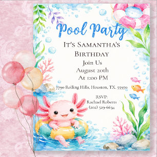 Cute Axolotl Birthday Pool Party Invitation