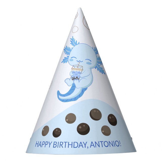 Cute Axolotl Blue Boba Tea Boys Birthday Party Hat (Front)