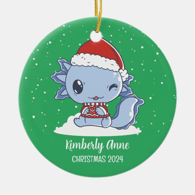Cute Axolotl Christmas Animal Snowy Winter Holiday Ceramic Tree Decoration (Front)
