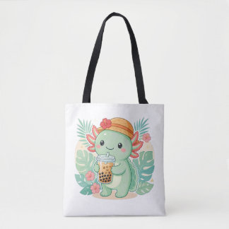 Cute Axolotl Drinking Boba Milk Tea Tote Bag