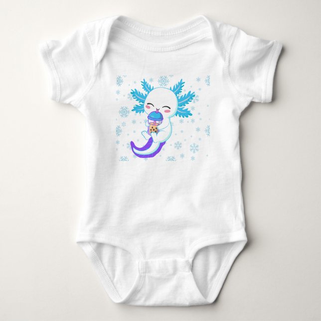 Cute Axolotl Drinking Boba | Winter Bubble Tea Baby Bodysuit (Front)