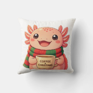 Cute Axolotl Drinking Coffee Christmas Accent Cushion