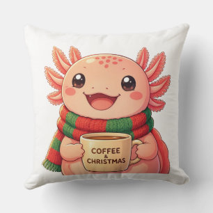Cute Axolotl Drinking Coffee Christmas Accent Cushion
