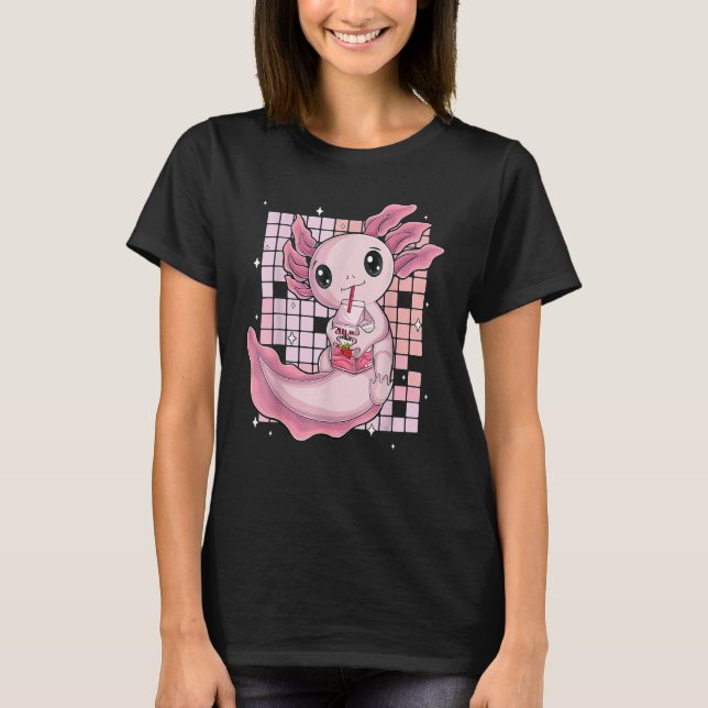 Cute Axolotl Drinking Strawberry Milk Bubble Tea O T-Shirt (Front)