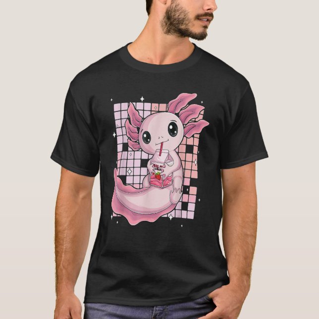 Cute Axolotl Drinking Strawberry Milk Bubble Tea O T-Shirt (Front)