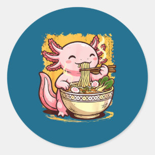 Cute Axolotl Eats Ramen Noodles Axolotls Ramen Classic Round Sticker