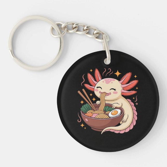 Cute Axolotl Eats Ramen Noodles Key Ring (Front)