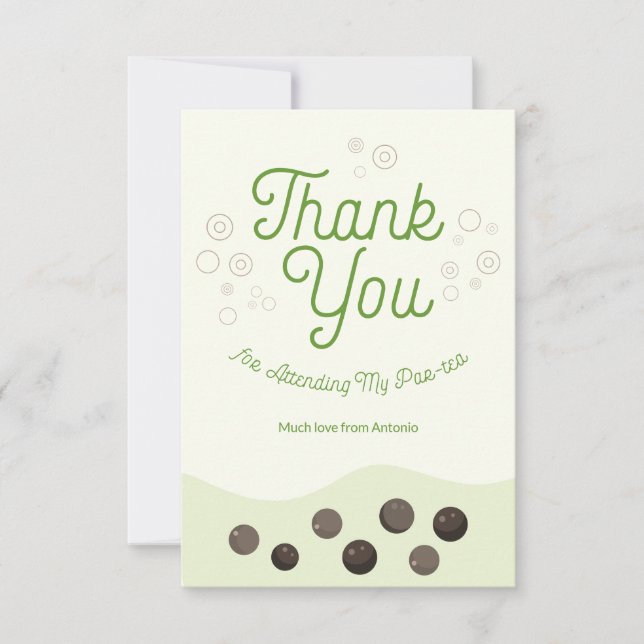 Cute Axolotl Green Boba Tea Par-tea Kids Thank You Card (Front)