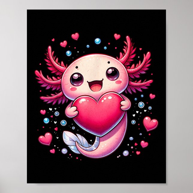 Cute Axolotl Heart Valentines Day For Girls Kids V Poster (Front)