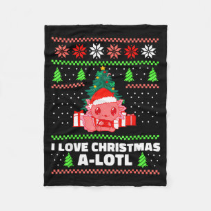 Cute Axolotl I Love Christmas A-lotl Xmas Hat Sant Fleece Blanket