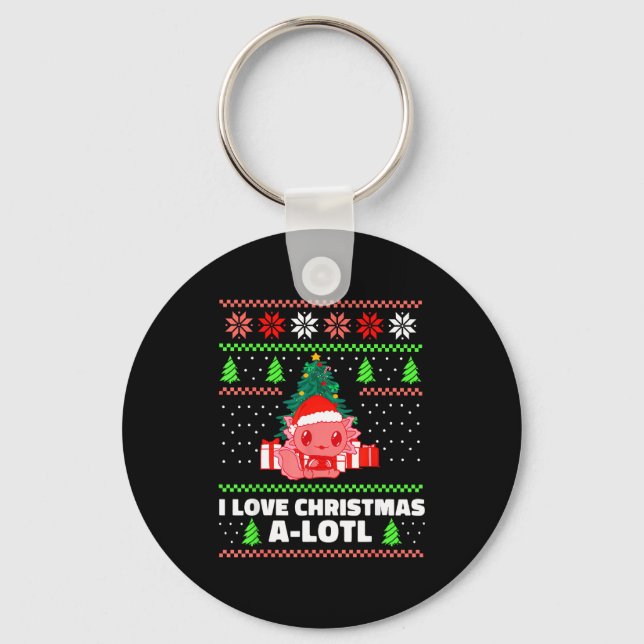 Cute Axolotl I Love Christmas A-lotl Xmas Hat Sant Key Ring (Front)