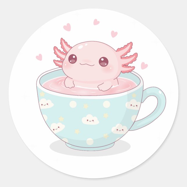 Cute axolotl in a cup classic round sticker (Front)