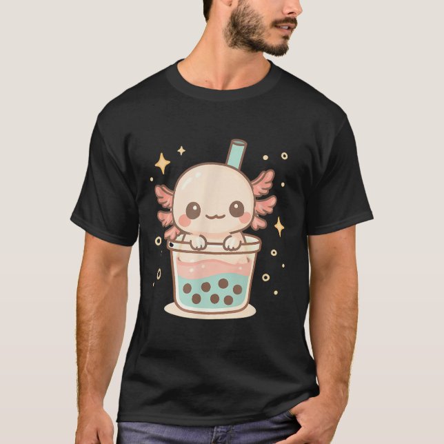 Cute Axolotl In Bubble Tea Cup Kawaii Animal Lover T-Shirt (Front)