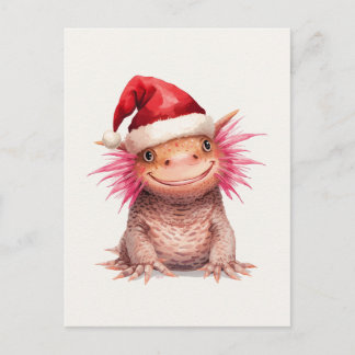 Cute Axolotl in Santa Hat Watercolor Holiday Postcard