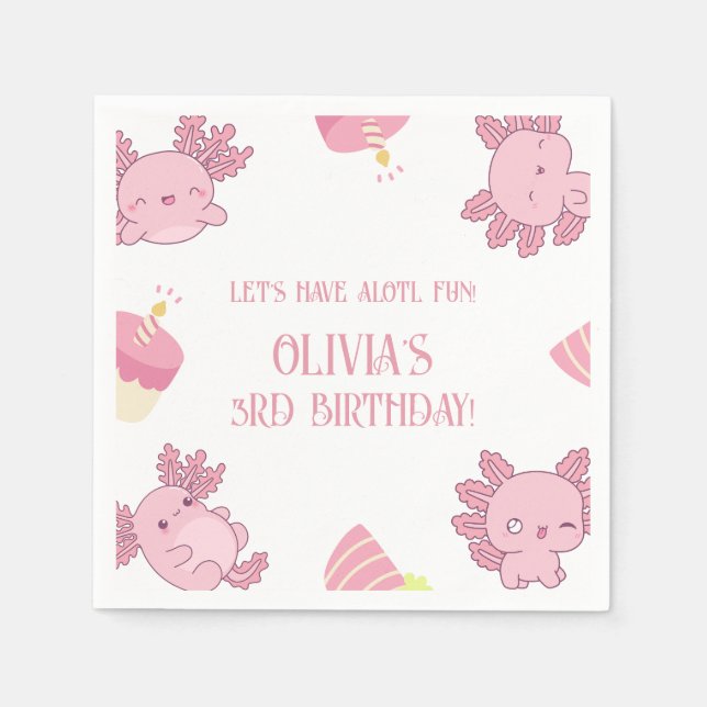 Cute Axolotl Kids Pink Alotl Fun Birthday Napkin (Front)