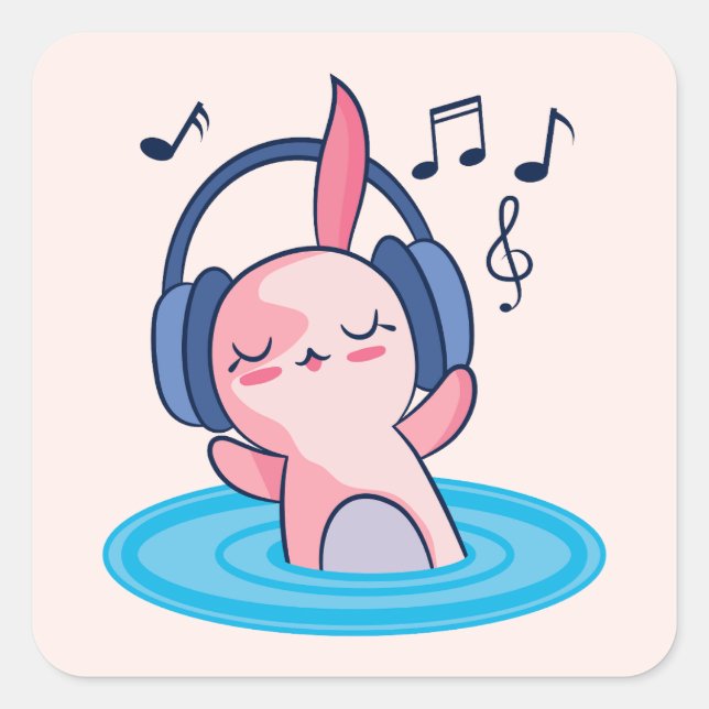 Cute Axolotl Listening To Music Square Sticker (Front)