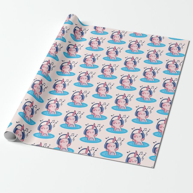 Cute Axolotl Listening To Music Wrapping Paper (Unrolled)