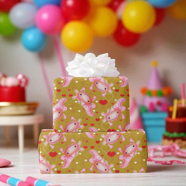 Cute Axolotl Love, Pink Hearts, Fun Gift Wrapping Paper (Adorable axolotl & heart design quirky wrap for birthdays, Valentine’s, and cute celebrations.)