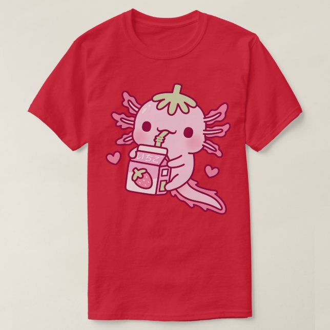 Cute Axolotl Loves Drinking Strawberry Milk T-Shirt (Design Front)