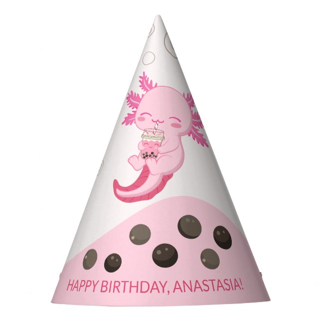 Cute Axolotl Pink Boba Tea Girls Birthday Party Hat (Front)