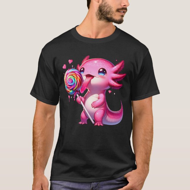 Cute Axolotl Pink Eating Lollipop Kawaii Anime T-Shirt (Front)