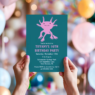 Cute Axolotl Pink Salamander Birthday Party Invitation