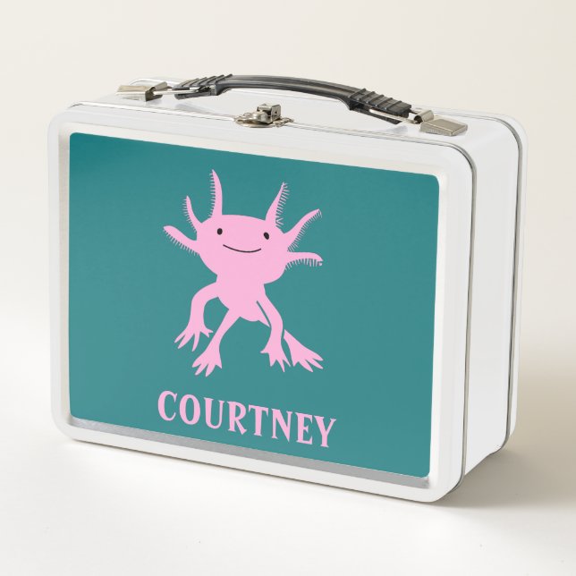 Cute Axolotl Pink Salamander Personalised Metal Lunch Box (Front)