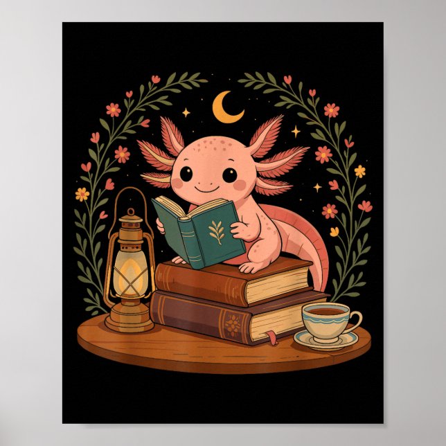 Cute Axolotl Reading Books Cozy Bookworm  Poster (Front)
