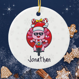 Cute Axolotl Riding a Motorcycle with Santa Toys Ceramic Tree Decoration