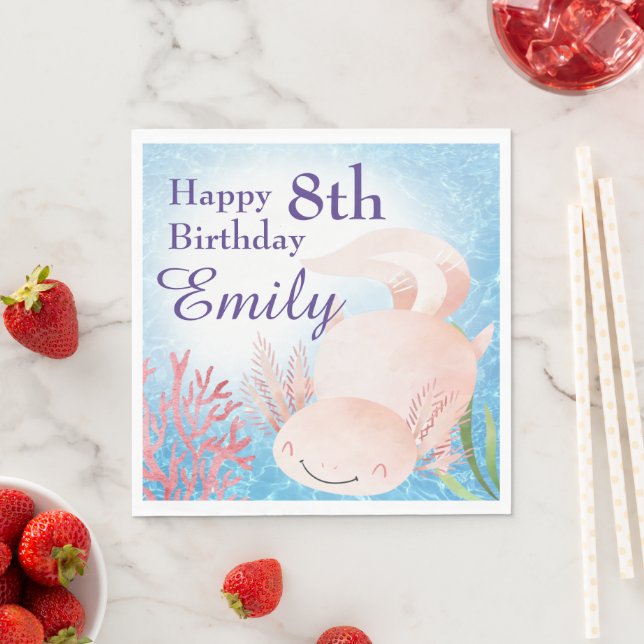 Cute Axolotl Swimming in the Sea Birthday Napkin (Insitu)