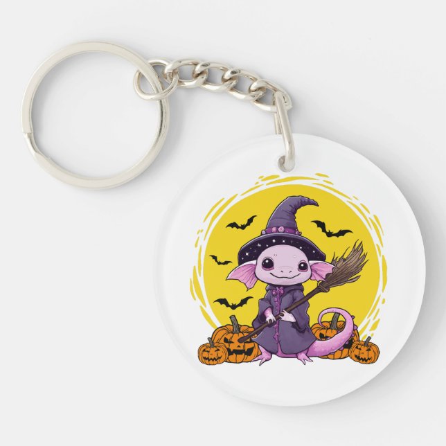 Cute Axolotl Witch Halloween Key Ring (Front)