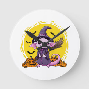 Cute Axolotl Witch Halloween Round Clock