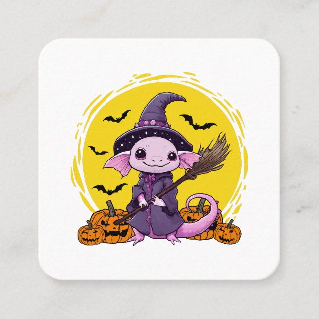 Cute Axolotl Witch Halloween Square Business Card (Front)