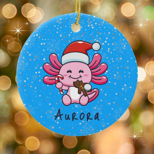 Cute Axolotl with Santa Hat & Candy Cane Christmas Ceramic Tree Decoration (Personalize with a name. Available in assorted ornaments and products.)