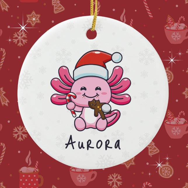 Cute Axolotl with Santa Hat & Candy Cane Christmas Ceramic Tree Decoration (Personalize with a name. Available in assorted ornaments and products.)