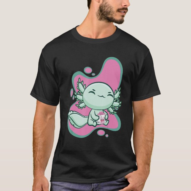 Cute Axolotl With Strawberry Milk And Bubble Tea B T-Shirt (Front)