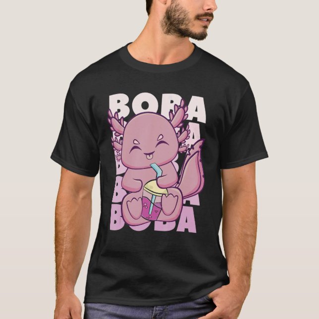 Cute Axolotl With Strawberry Milk Bubble Tea For B T-Shirt (Front)
