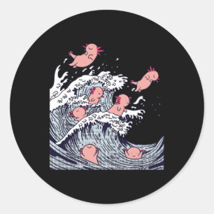 Cute Axolotls Surfing On Wave , Funny Japanese Wav Classic Round Sticker