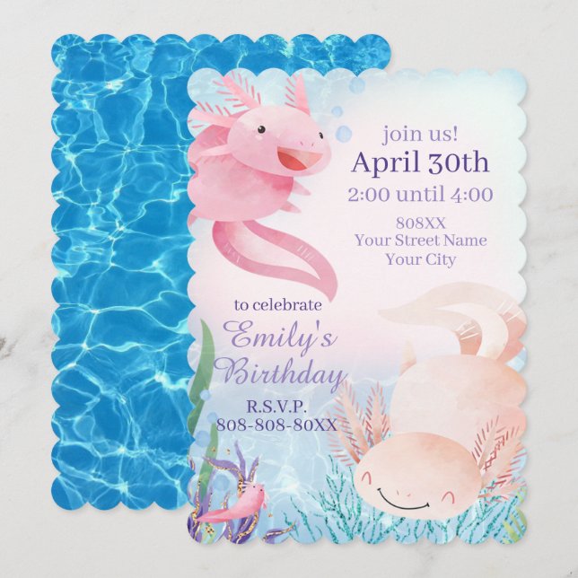 Cute Axolotls Under the Sea Party Invitation (Front/Back)