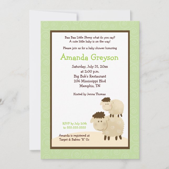 Cute Baa Baa Sheep 5x7 Baby Shower Invite Green (Front)