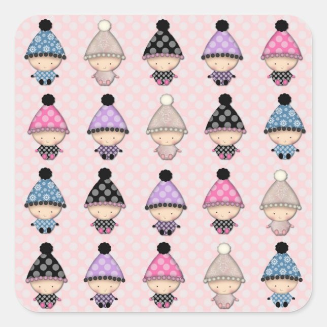 Cute Babies on Pink Polkadot Baby Shower Stickers (Front)