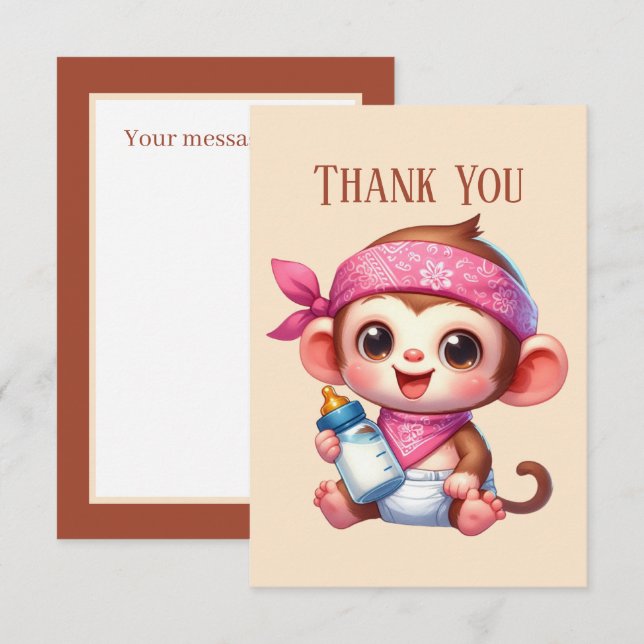 Cute baby add message girl monkey thank you card (Front/Back)
