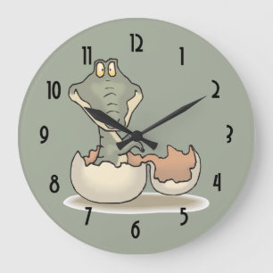 Cute Baby Alligator Cartoon Hatching from Eggshell Large Clock