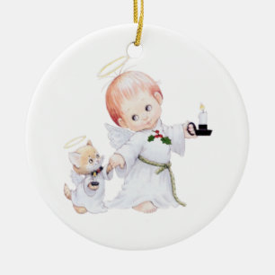 Cute Baby Angel And Cat Ceramic Tree Decoration