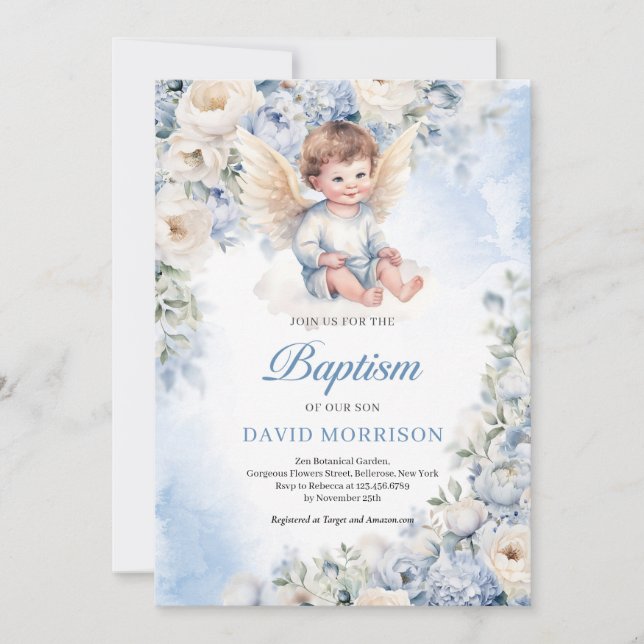 Cute baby angel Dusty Blue ivory Flowers Baptism Invitation (Front)