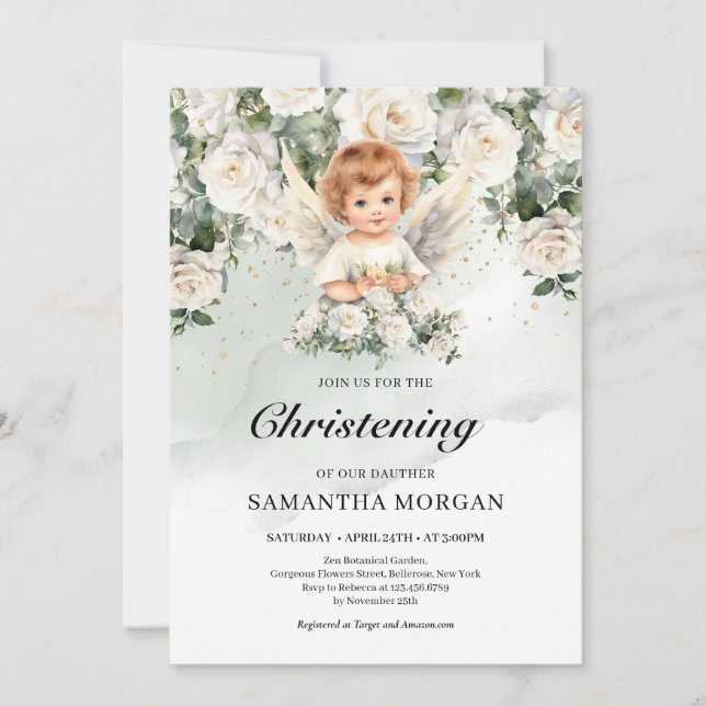 Cute baby angel White Roses Greenery and Gold Invitation (Front)
