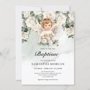 Cute baby angel White Roses Greenery and Gold Invitation