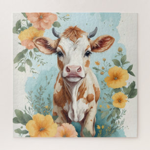 Cute Baby Animals   Adorable Cow Calf Floral Jigsaw Puzzle